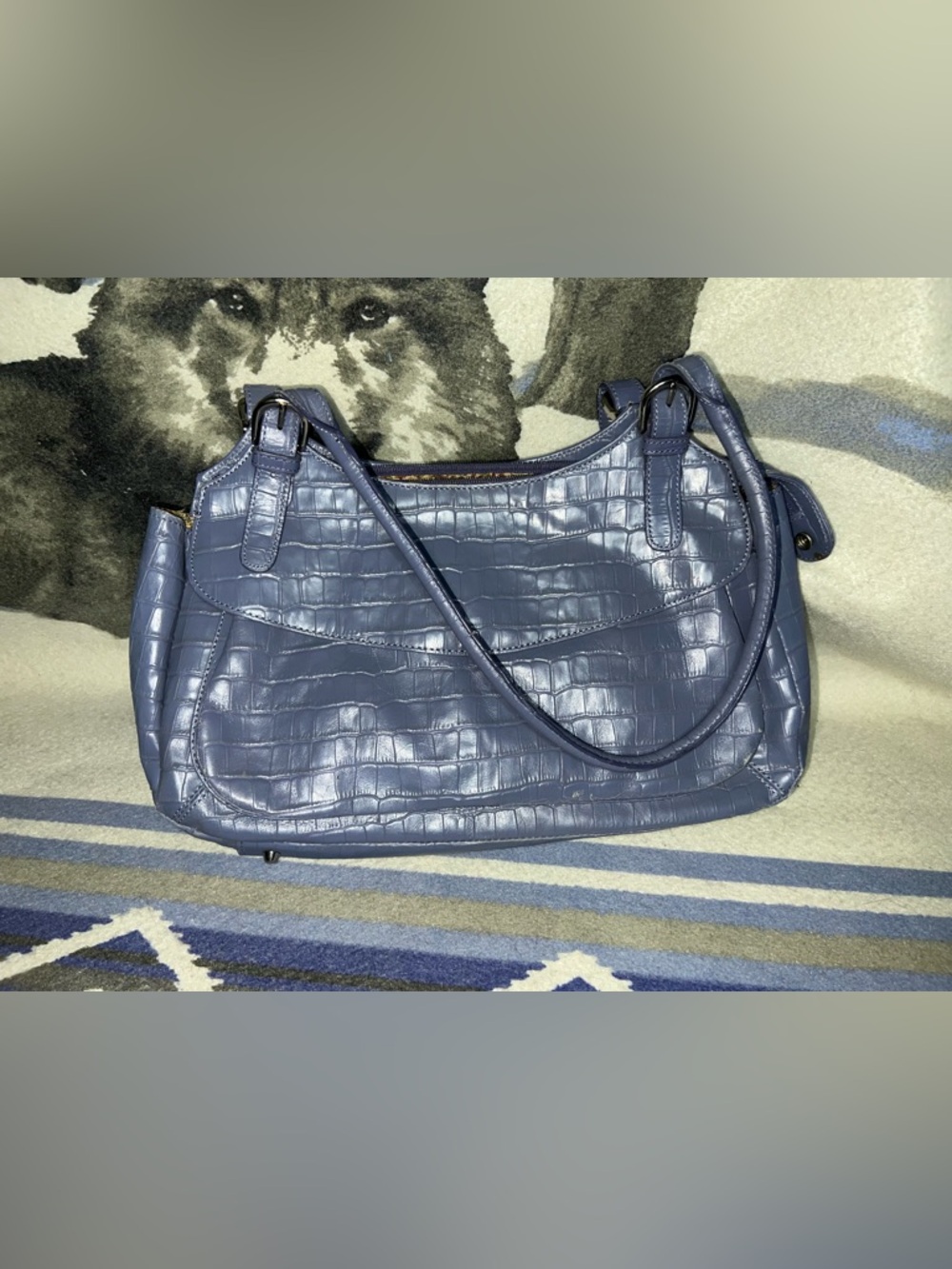 Maxx New York Blue Croc Embossed Leather Double Strap Shoulder Pocket Handbag